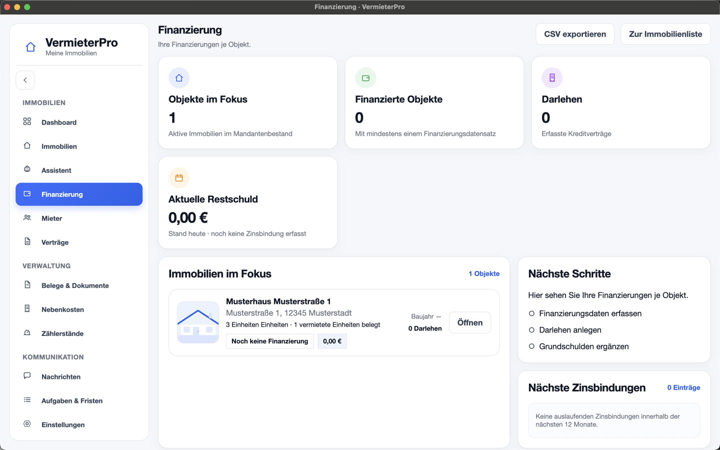 Live-Screenshot der Finanzierungsseite von VermieterPro