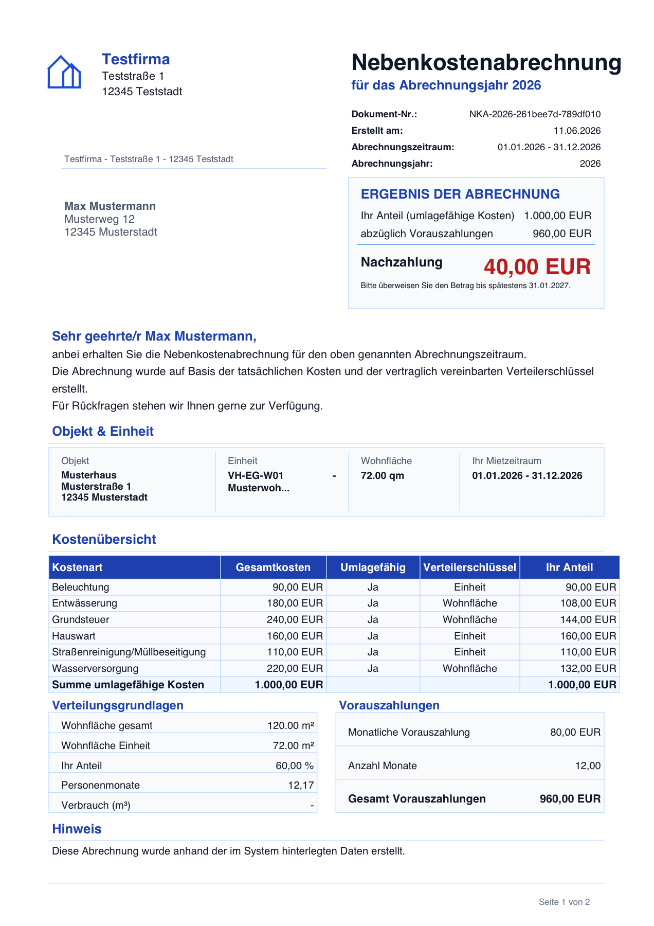 Echte Demo-Nebenkostenabrechnung aus dem laufenden System